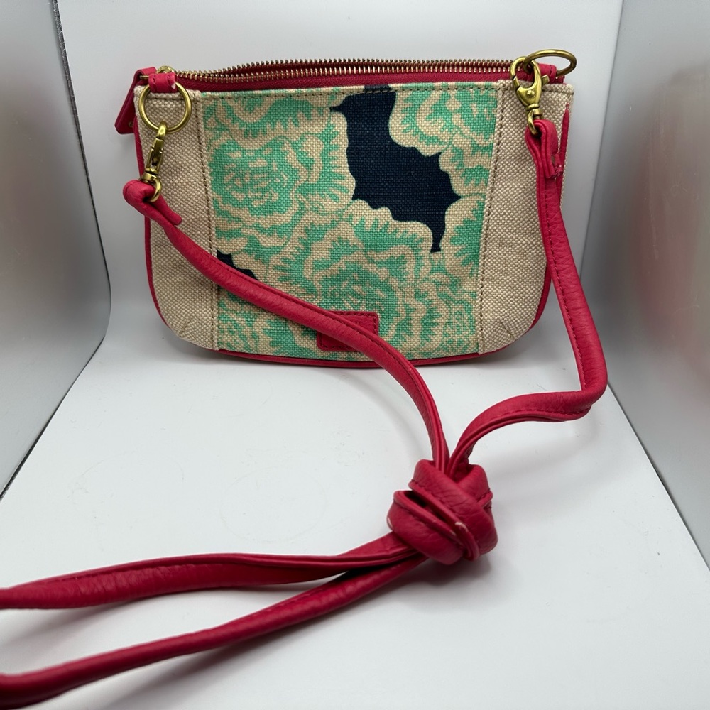 Fossil Women’s Beige, Pink, Aqua & BIue Crossbody Purse Bag Pink Trim & Strap